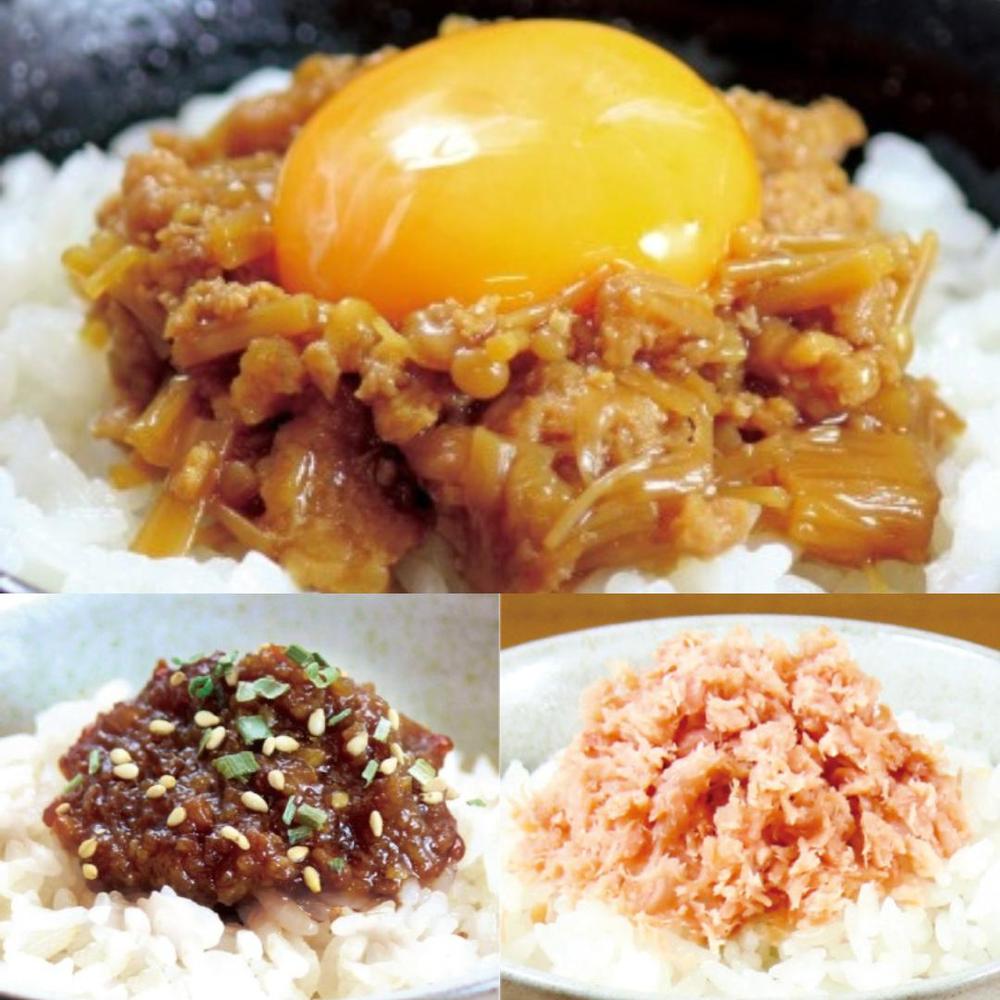 【化粧箱付】ご飯にひとさじ 詰合せHA3(肉味噌,鶏すき,さけ茶) | 新潟小川屋