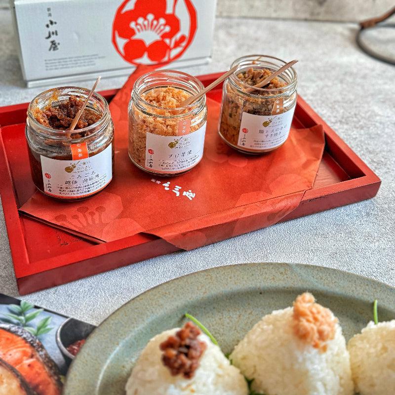 【化粧箱付】ご飯にひとさじ 詰合せHA3(肉味噌,鶏すき,さけ茶) | 新潟小川屋