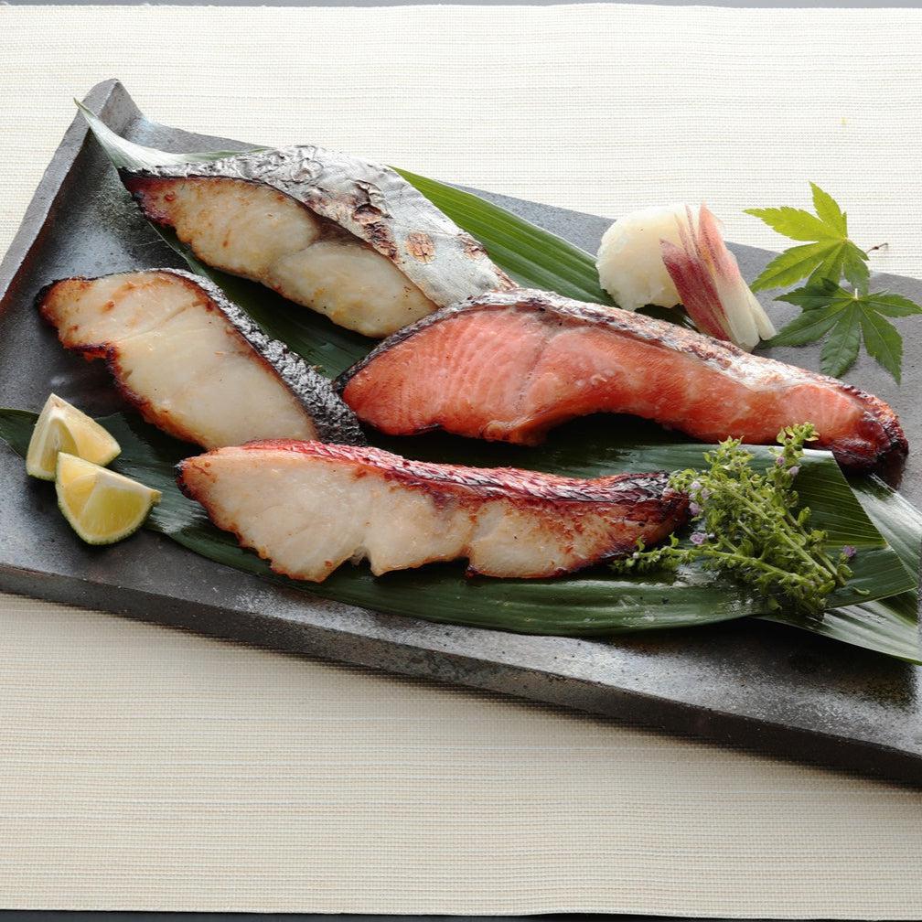 【送料無料】自家製漬魚セット 5種〔粕漬けサーモン、西京漬銀鱈、西京漬鰆、西京漬メカジキ、粕漬金目鯛 ×各2切〕 | 村兼水産