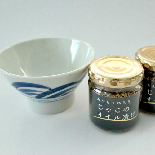 【愛媛県発】砥部焼くらわんか茶碗(青)・じゃこのオイル漬けセット | ISフーズ
